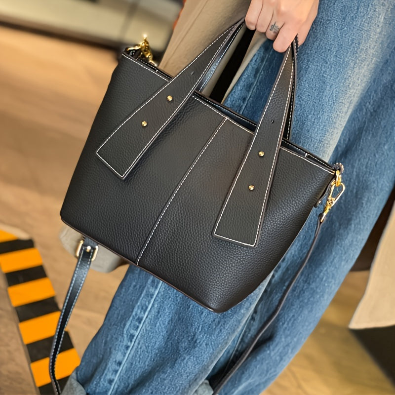 Leather Women's Handbag - Brown Tote with Detachable Shoulder Strap Bag With Zipper