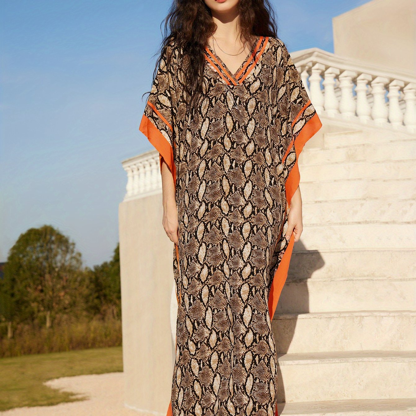 Women's Kaftan Beach Dress, Seaside Cover-up, Man- Positional Print, Under-slit V-neck Robe, Resort Style