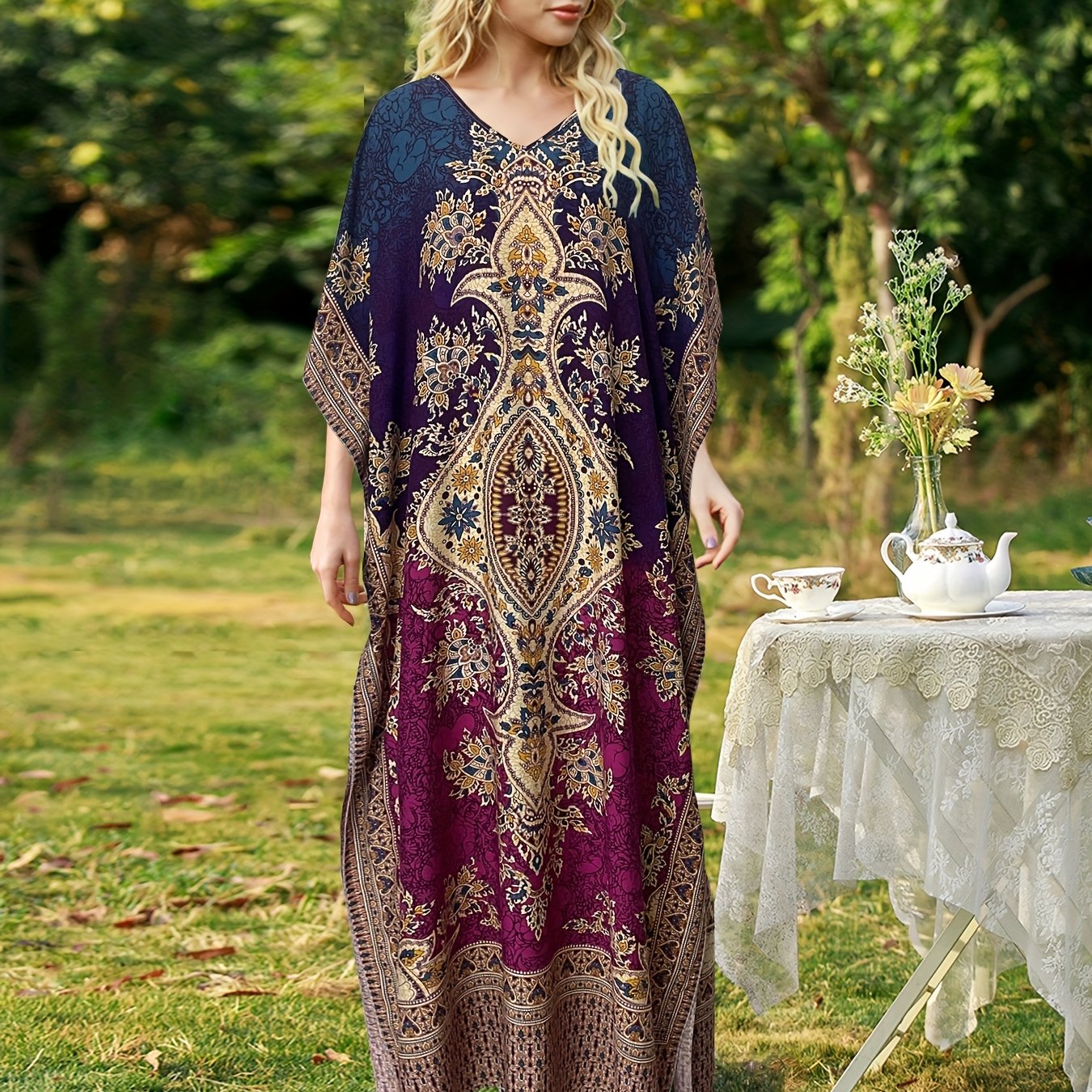 Plus Size, European and American Plus Size Women's Bohemian Vacation Dress with Middle Eastern Kaftan Abaya Style
