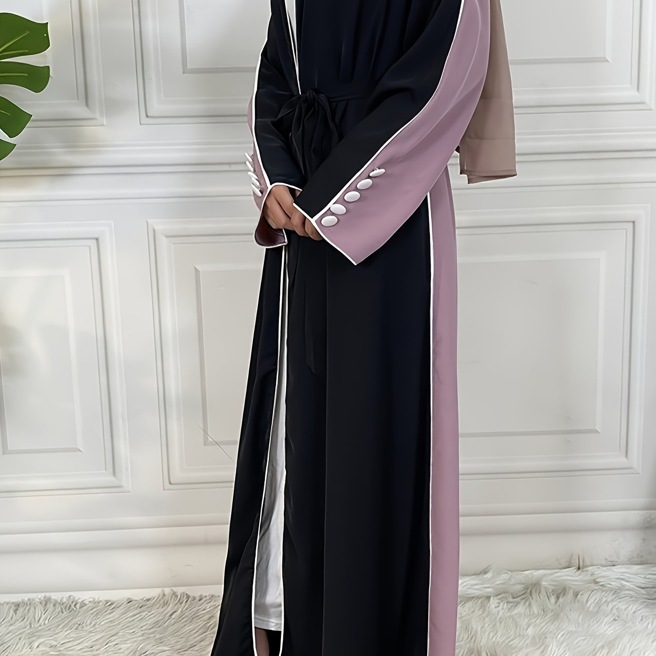Women's Elegant Patchwork Batwing Sleeve Open Abaya - Long Sleeve, Button-Up Front, Lightweight Polyester, Perfect for Spring & Fall Casual Wear, Stylish Outdoor Attire | Breezy Abaya