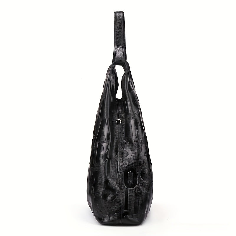 Black Cowhide Handbag, Large Capacity Messenger Bag Waterproof, Commuting Style Leather Tote Bag