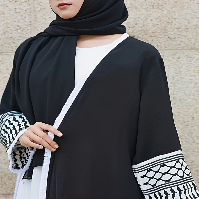 1pc Elegant Vintage Embroidered Arabic Abaya with Belt & Pockets - Black & White Geometric Pattern, Intricate Embroidery, Polyester All-Season Wear for Women, Ramadan