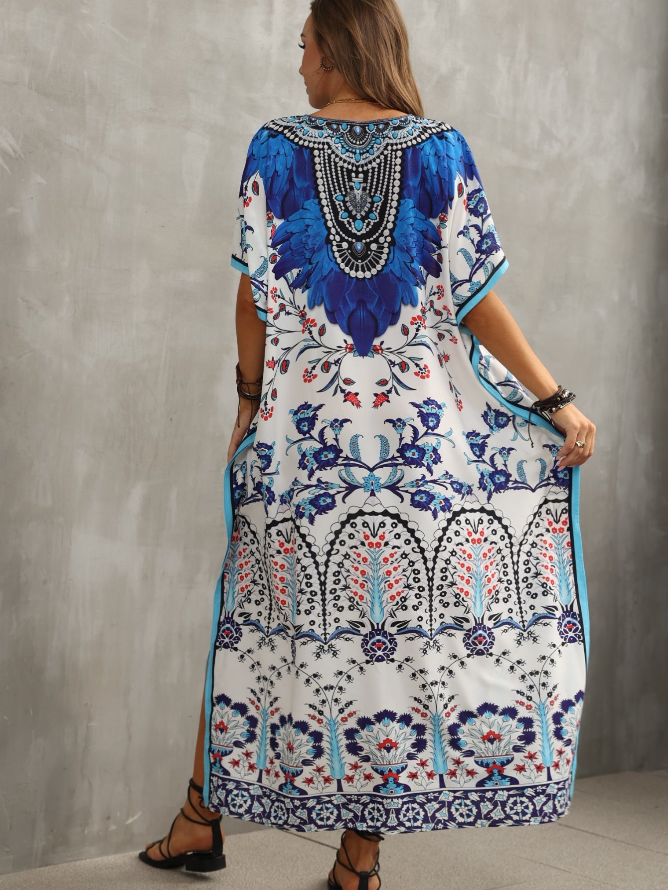 Women'S Kaftan Dresses Flower Print Beach Cover Up Vacation Robe V-neck Side Slit Casual Home Vacation Beach Swimsuit Cover Up Loose Long Dress