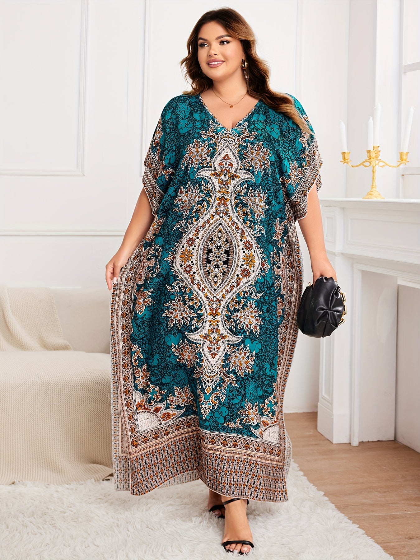 Plus Size, European and American Plus Size Women's Bohemian Vacation Dress with Middle Eastern Kaftan Abaya Style