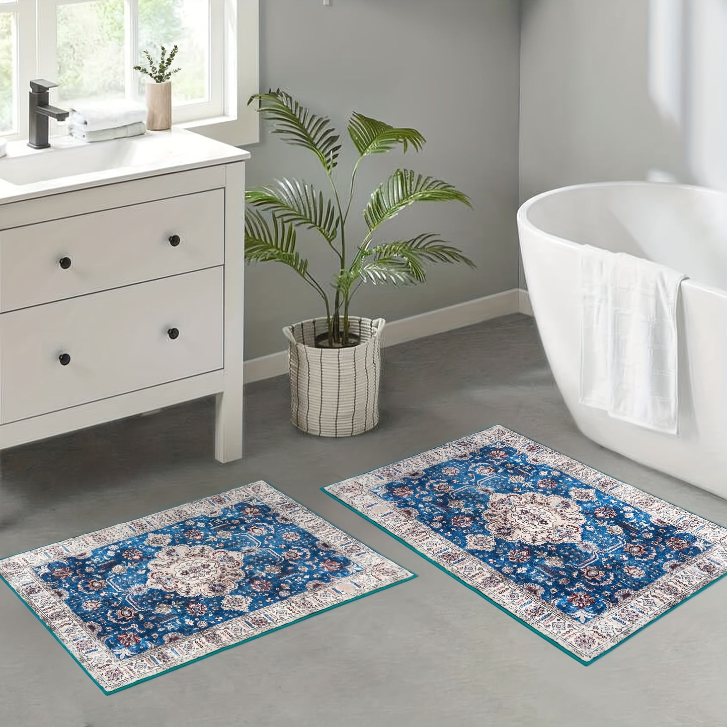 Machine Washable Runner Rug Boho Vintage Rug Non Slip Carpet For Bedroom Hallway Laundry Kitchen, Stain Resistant Dining Room Rugs Floral Oriental Entryway Rug Soft Living Room Rug, Blue