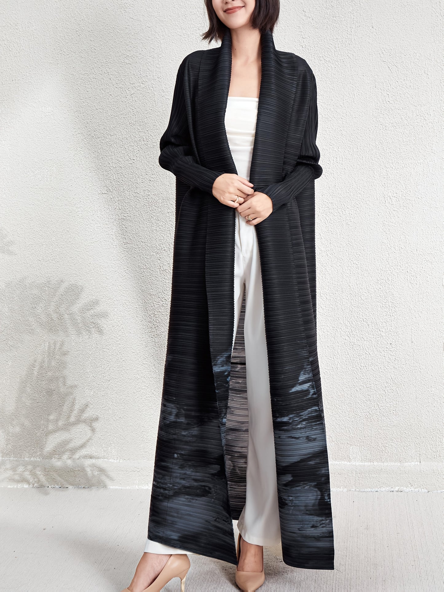 Elegant Dubai Muslim Abaya Cardigan Dress - High Elasticity Striped Pleated Long Robe with Adjustable Waist, Lightweight Comfort for Eid, Travel & Work | Spring Summer Fall A-Line Loose Fit Machine Washable, Modest Fashion, F