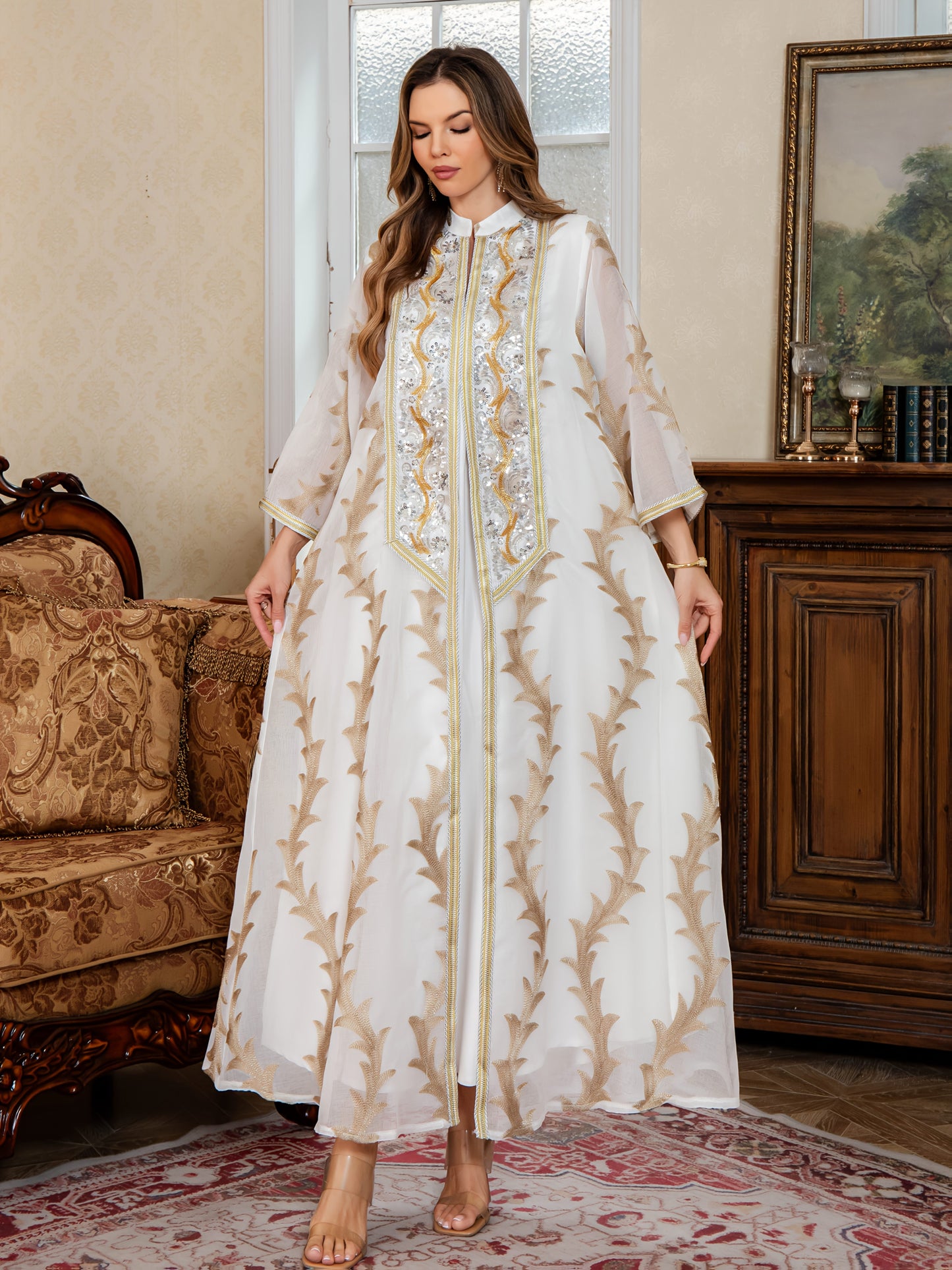 New Sequin Abaya Dress, Middle Eastern High-end Elegant Pure Muslim Two-piece Set, Fashionable and Comfortable Design, Suitable for Daily Wear, INS Middle Muslim Embroidered Long Robe Abaya Light Luxury Evening Dress Two-piece Set