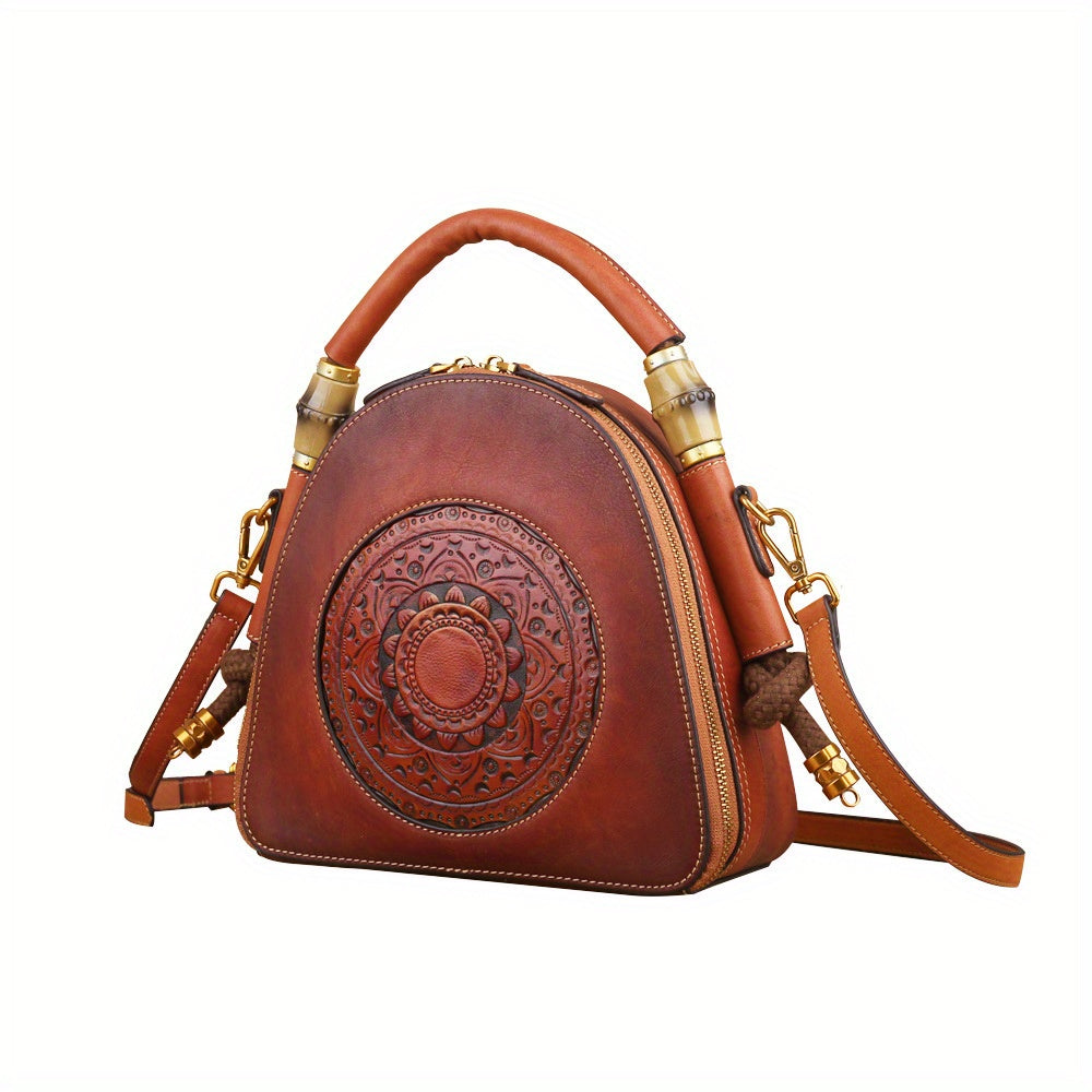 Genuine Leather Women's Crossbody Bag - Retro Chinese-Style Embossed Design, Adjustable Shoulder Strap, Zipper Closure, Top-Grain Cowhide Shell