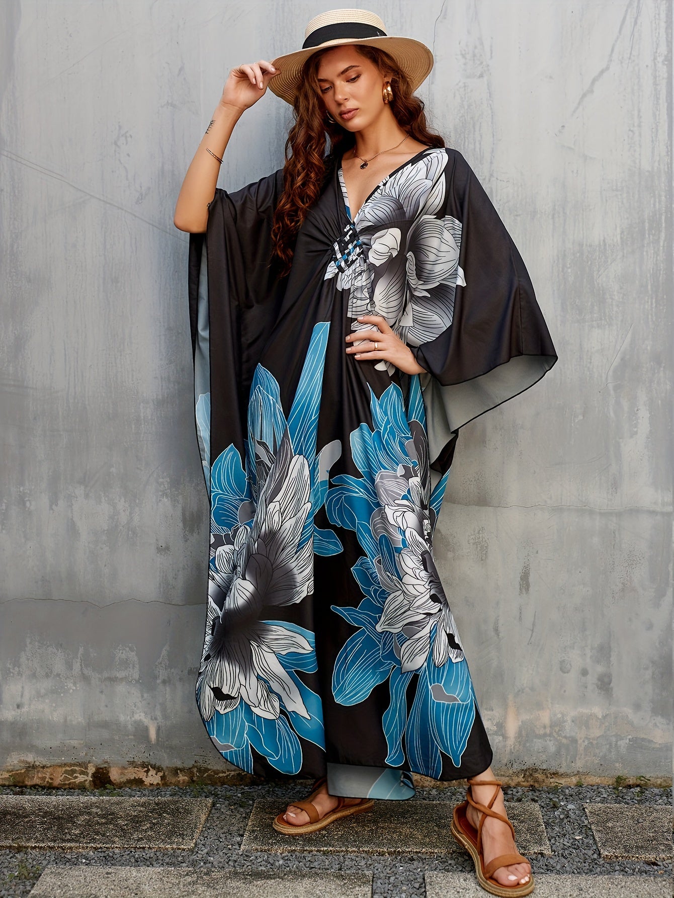 Women's Long Beach Cover Up With Floral Print Kaftan Deep V-neck Casual Vacation Bikini Swimsuit Cover Up
