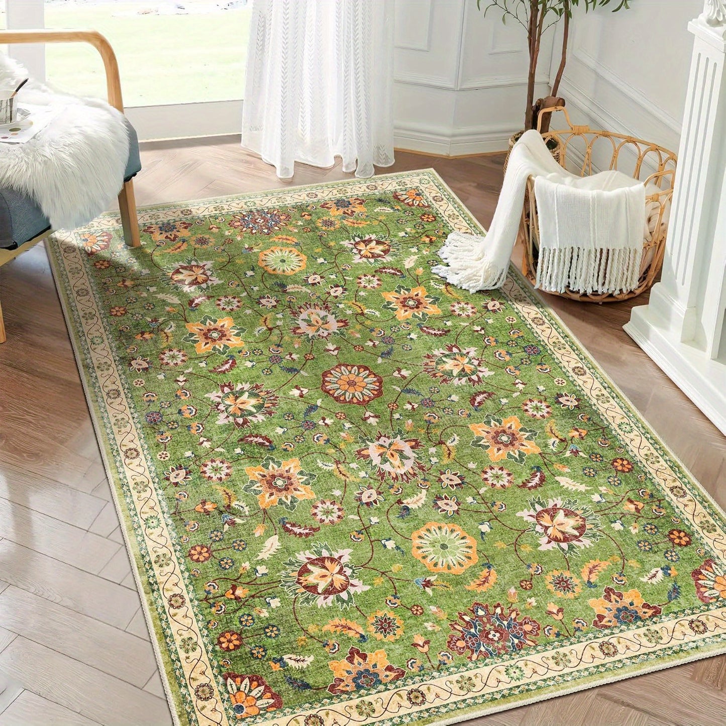 Vintage Floral Printed Non-Slip Mat - Polyester Flat Weave Indoor/Outdoor Mat for Living Room, Bedroom, Patio