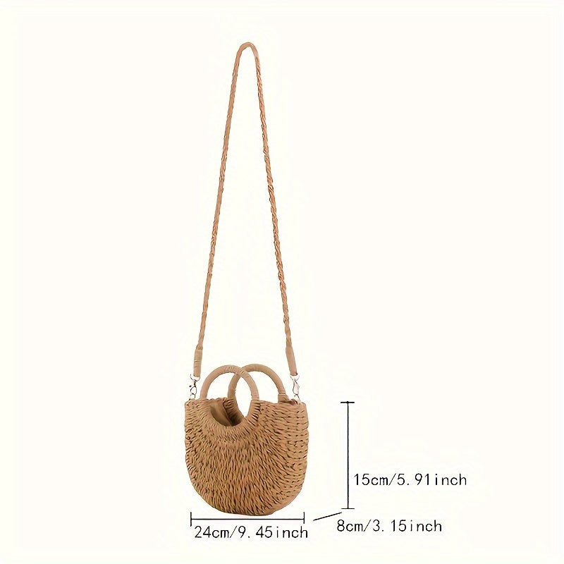 Hand woven Leather Shoulder Bag Women's Summer Beach Tote with Polyester Lining, Drawstring Closure, and Detachable Messenger Strap