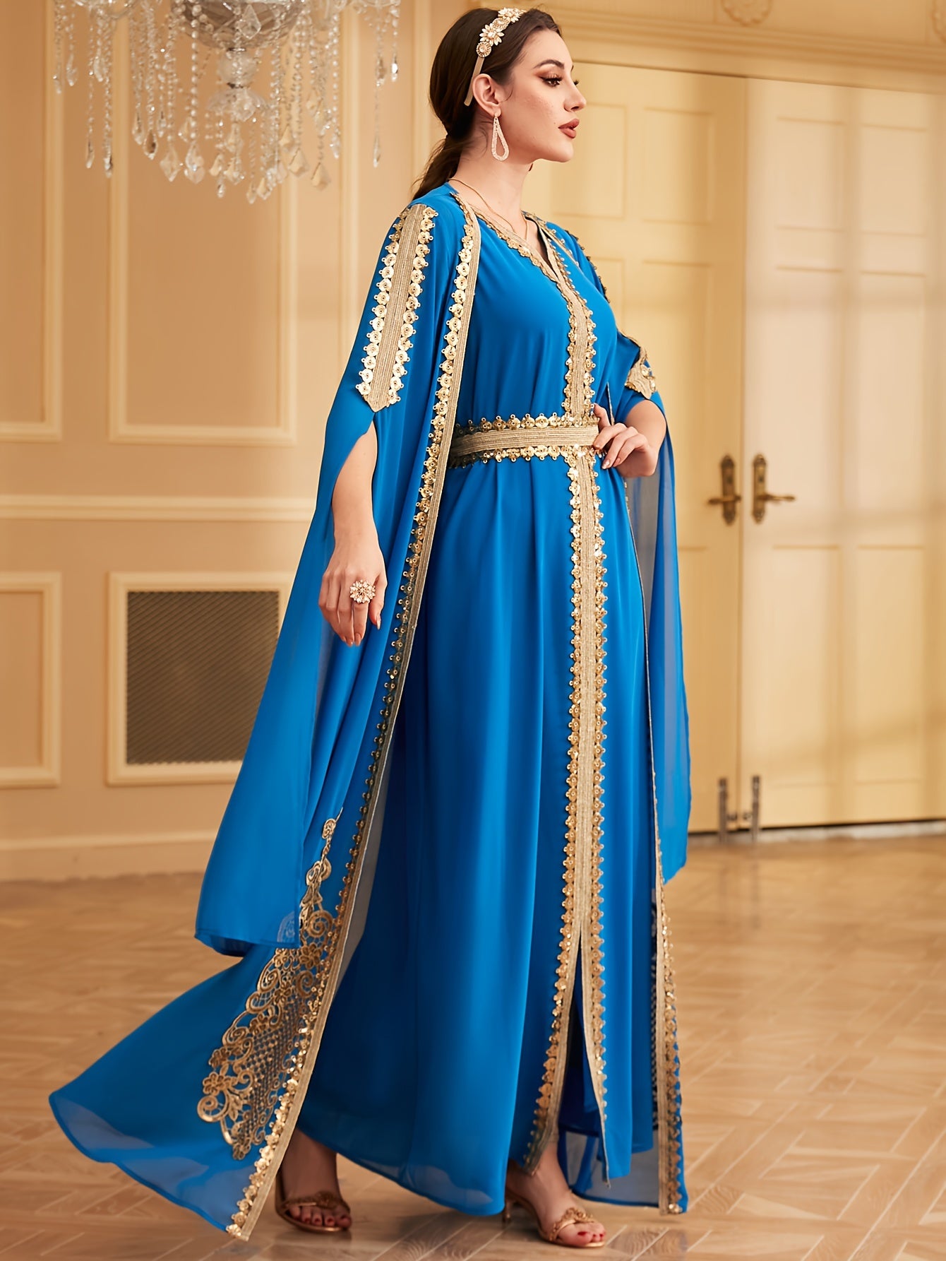 Two-piece Set: Fashion Embroidered Vest with Waist Cincher and Long Skirt + Cardigan with Sequins and Split Long Sleeves Abaya Gown Dress