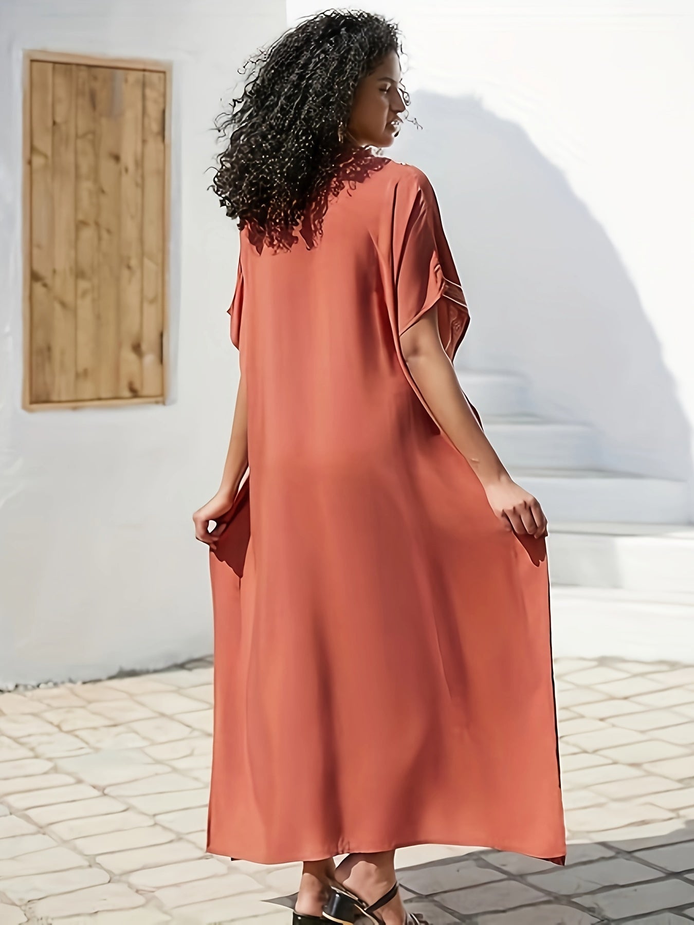 Elegant Viscose Kaftan Dress for Women - Embroidered Midi Loose Fit Pullover with Split Hem Detail, Non-Stretch Woven Fabric, Summer Resort Wear
