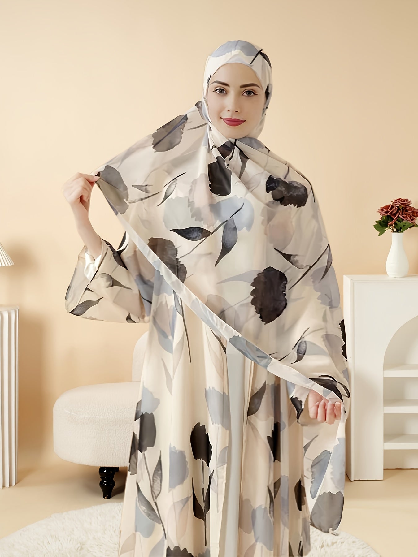Elegant Floral Print Abaya Set - Lightweight, Open Front Long Robe with Matching Garment, Polyester, Non-Stretch Fabric, Perfect for Summer, Middle Eastern Fashion