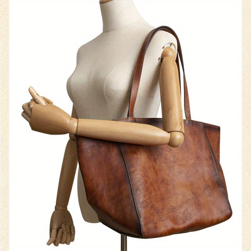 Tanned Cowhide Large Capacity Tote Bag, Genuine Leather One-Shoulder Cross-Span Bag Women's Large Bag Shopping Bag