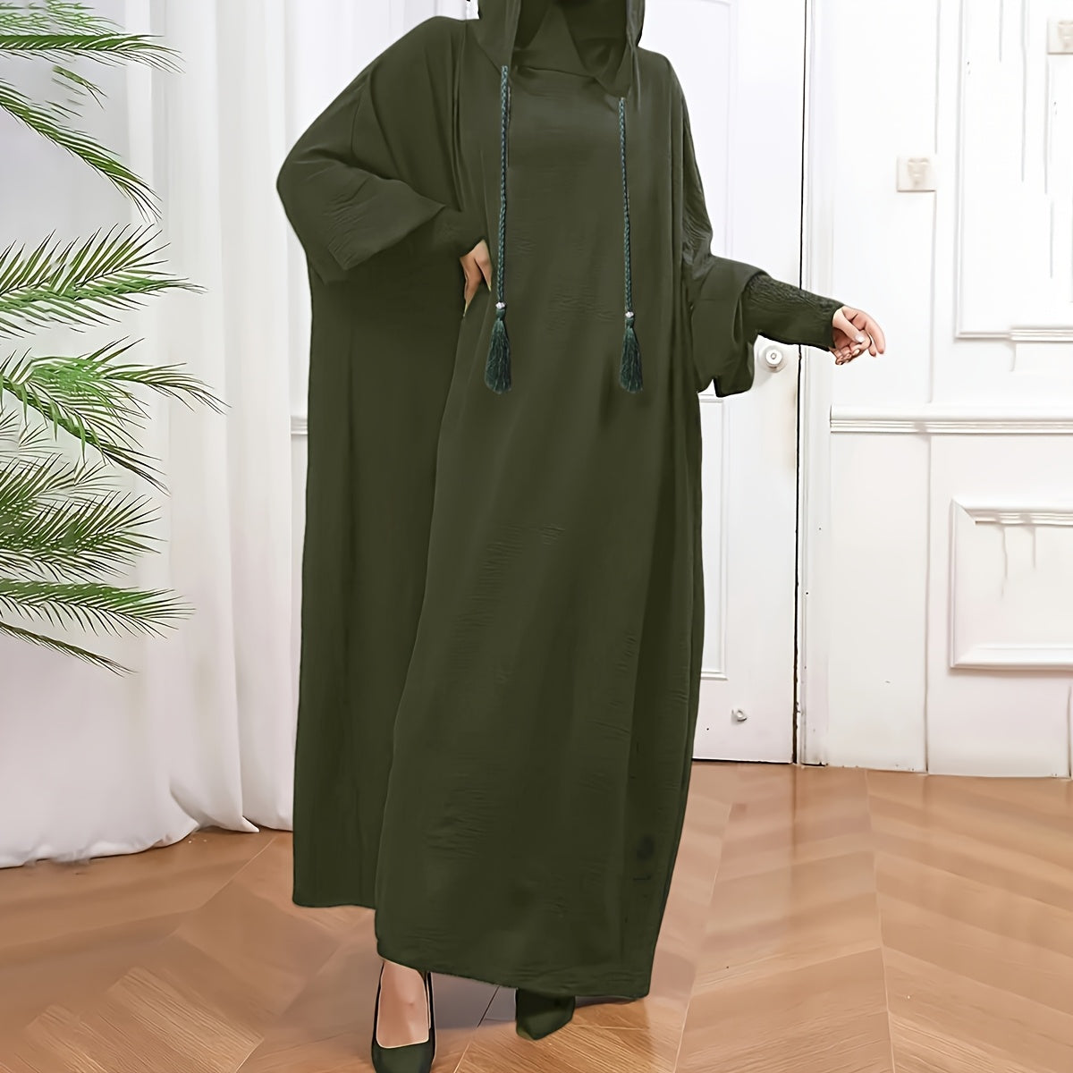 Elegant Solid Brown Crinkle Polyester Jibab Abaya with Hood - Breathable Loose Fit Women's Casual Hijab Dress for Outdoor Wear, Comfortable Wear | Flowing Garment | Smooth Texture