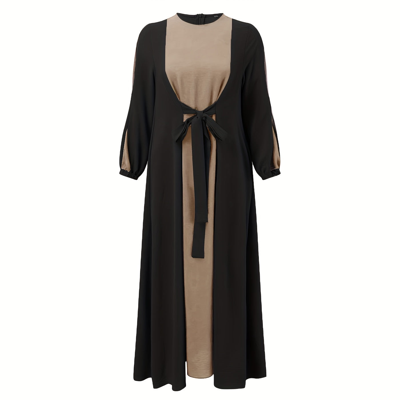 Modest Middle Eastern Baju Abaya Dress - Long Sleeve Round Neck Two-Tone Black & Beige with Adjustable Waist Tie, Non-Stretch Fabric for Ramadan, Daily Wear & Travel, Muslim Dress