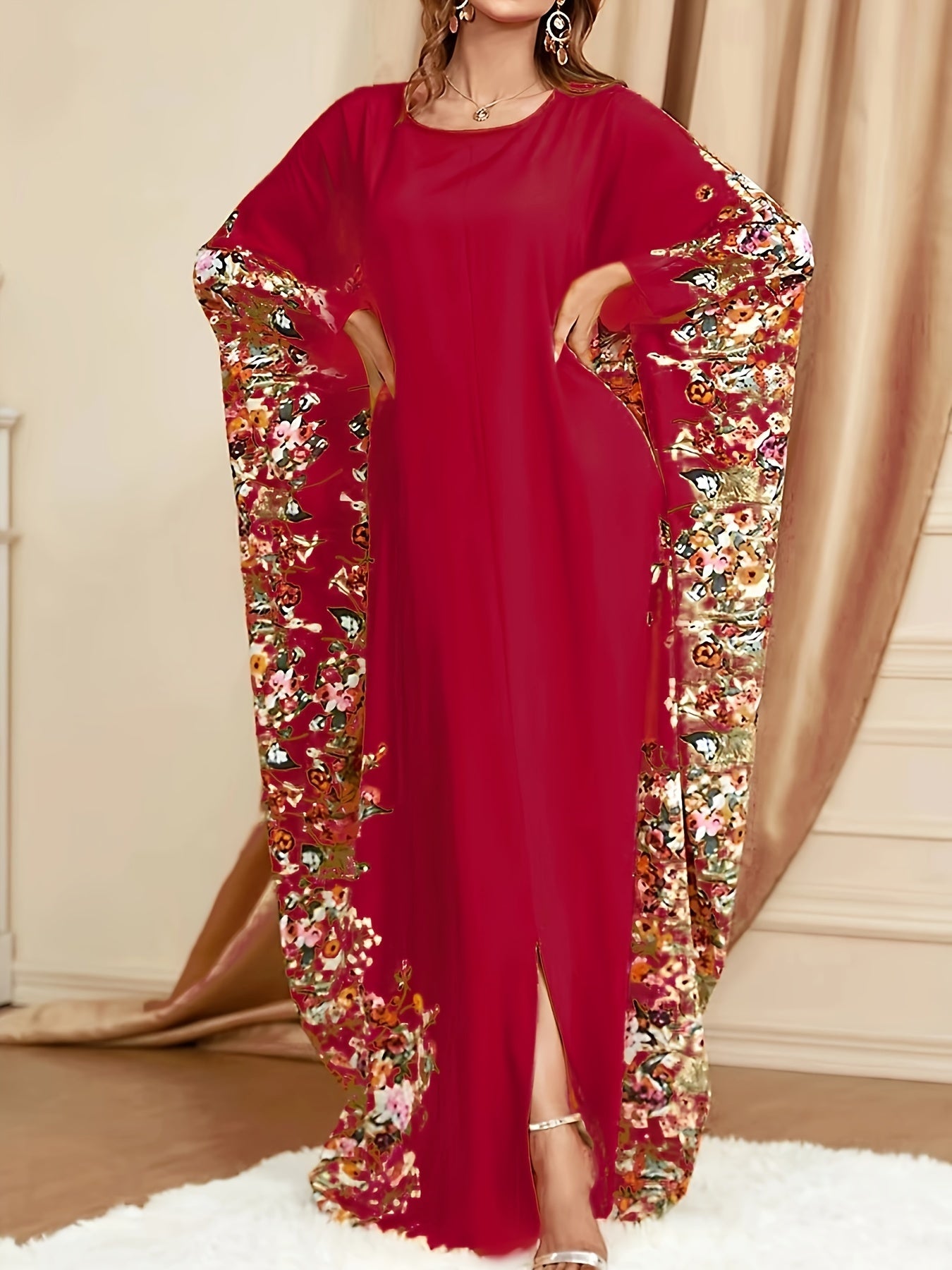 Floral Print Crew Neck Kaftan Abaya, Elegant Batwing Sleeve Split Maxi Dress, Women's Clothing