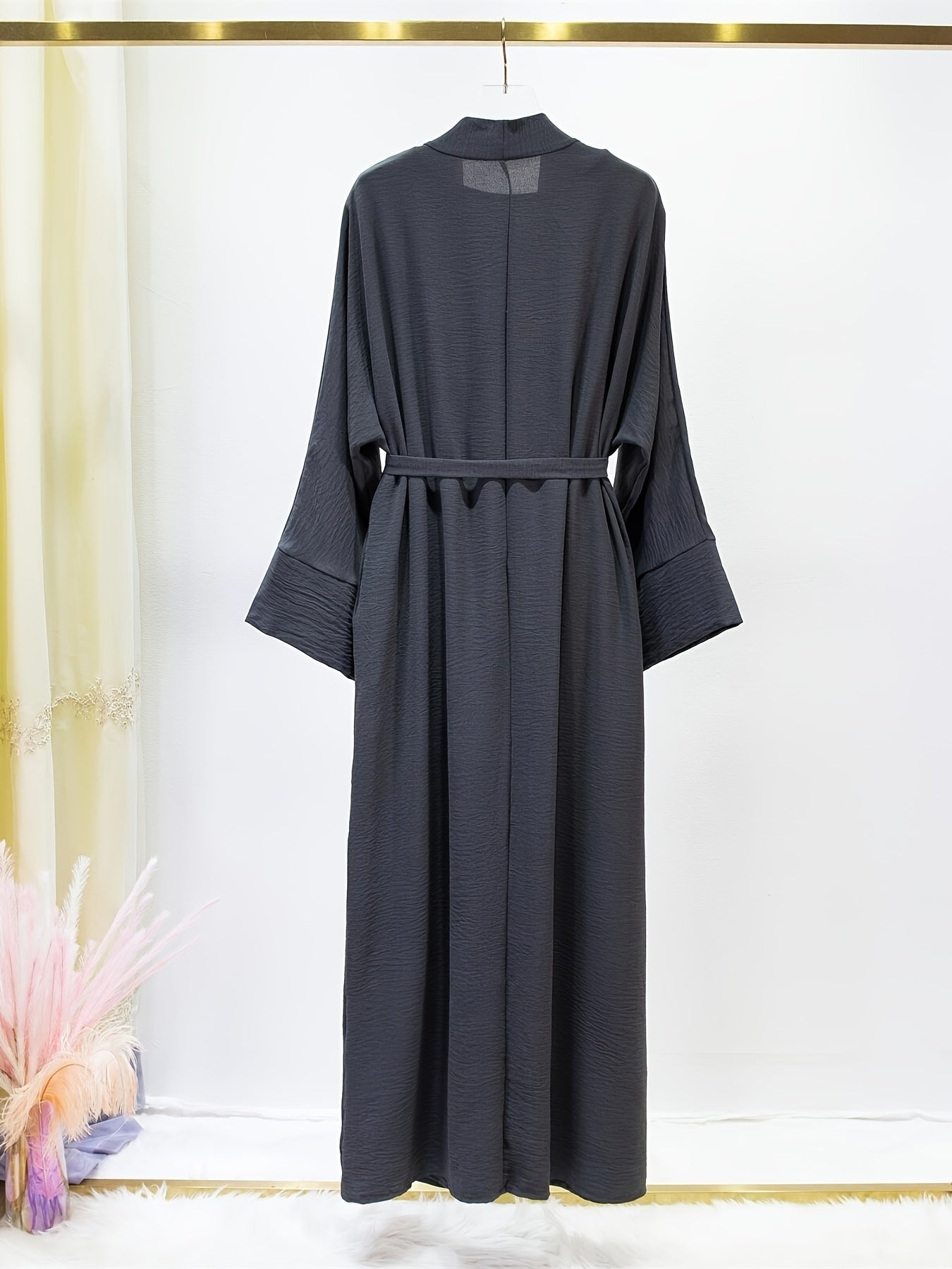 Ramadan Solid Color Modest Pakistani Abaya Set, Casual Crew Neck Sleeveless Tank Dress & Open Front Long Sleeve Tie Cardigan Outfits, Women's Clothing