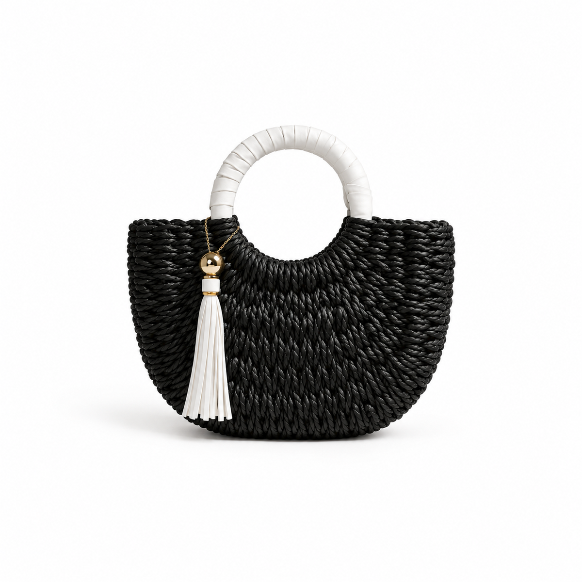 Black Woven Tassel Round Handle Handbag