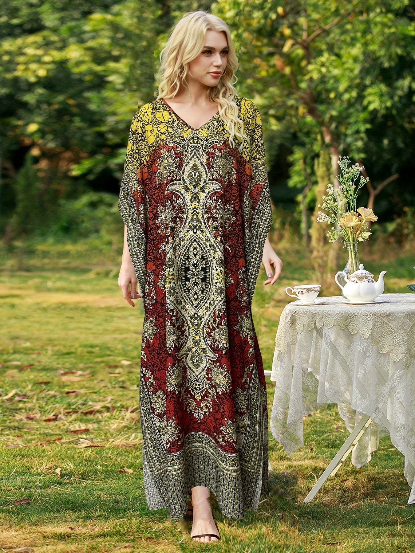 Plus Size, European and American Plus Size Women's Bohemian Vacation Dress with Middle Eastern Kaftan Abaya Style