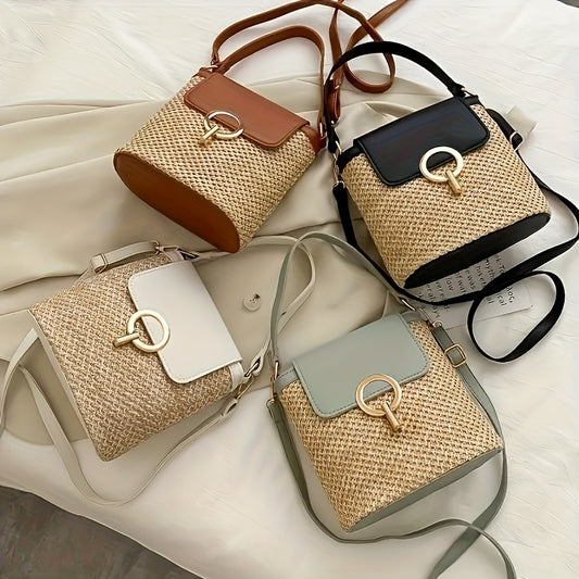 Stylish Woven Beach Crossbody Bag with Adjustable Strap, Accents & Golden-Tone Lock – Perfect for Vacation, Casual Outings