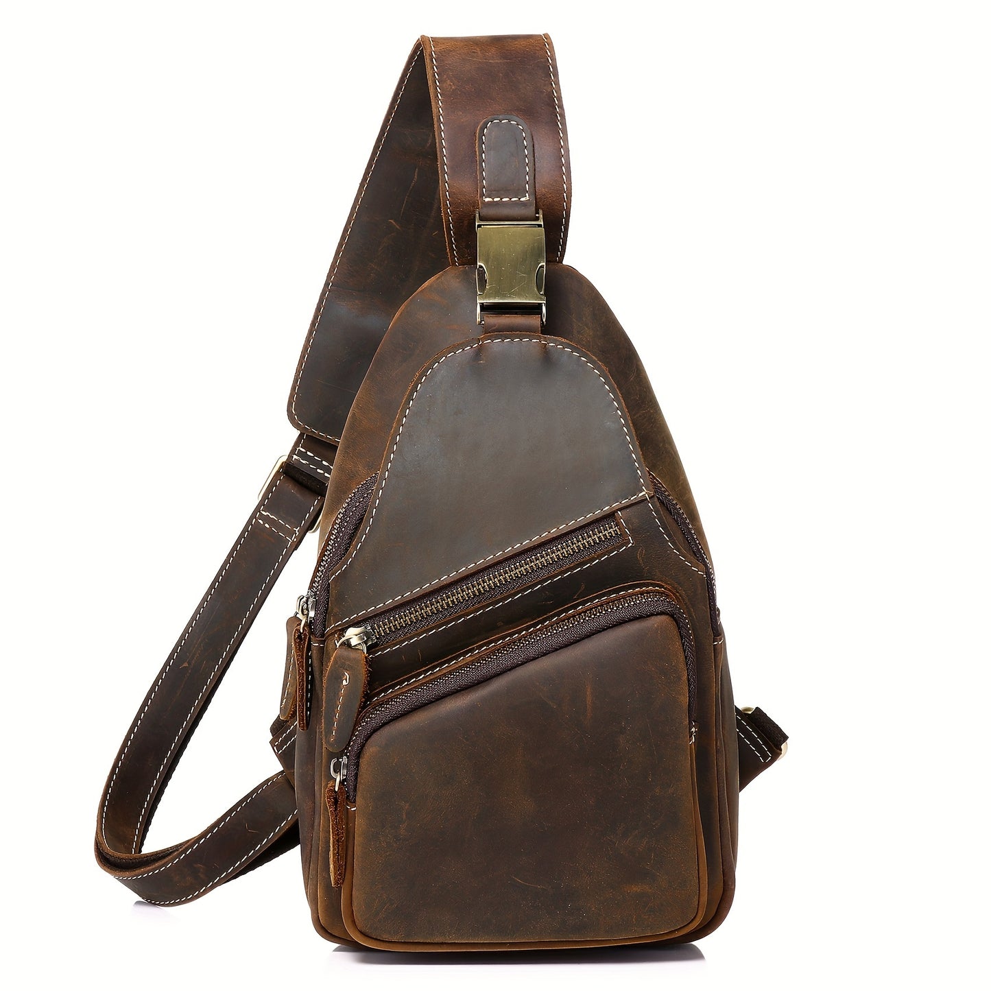 Full Grain Cowhide Leather Vintage Sling Chest Shoulder Bag Retro Hiking Crossbody Casual Daypack - Durable & Stylish - For Men & Women