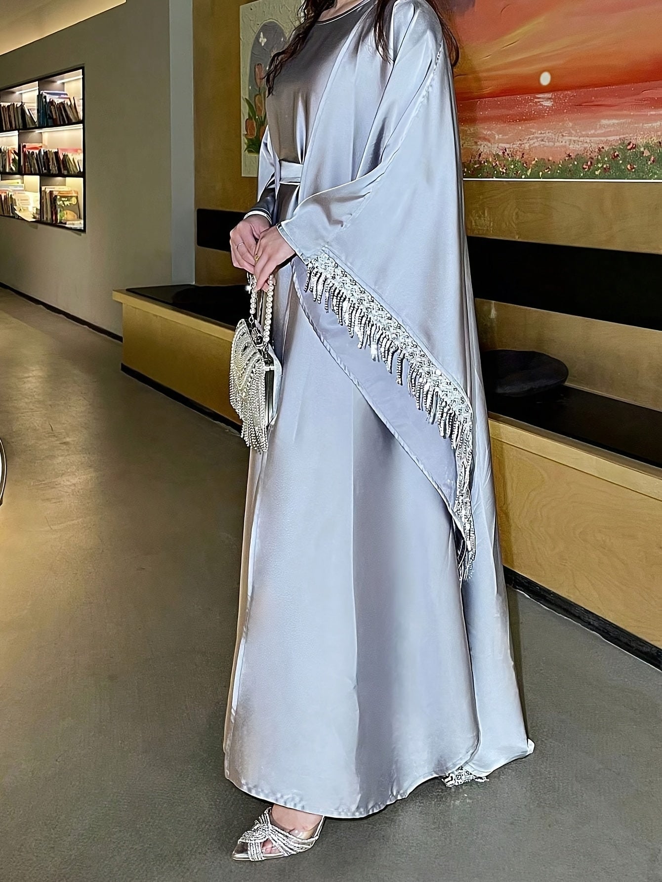 2pcs Women's Fashion Abaya Dress and Cardigan Set with Belt, Suitable for Daily Wear, Parties, and Events