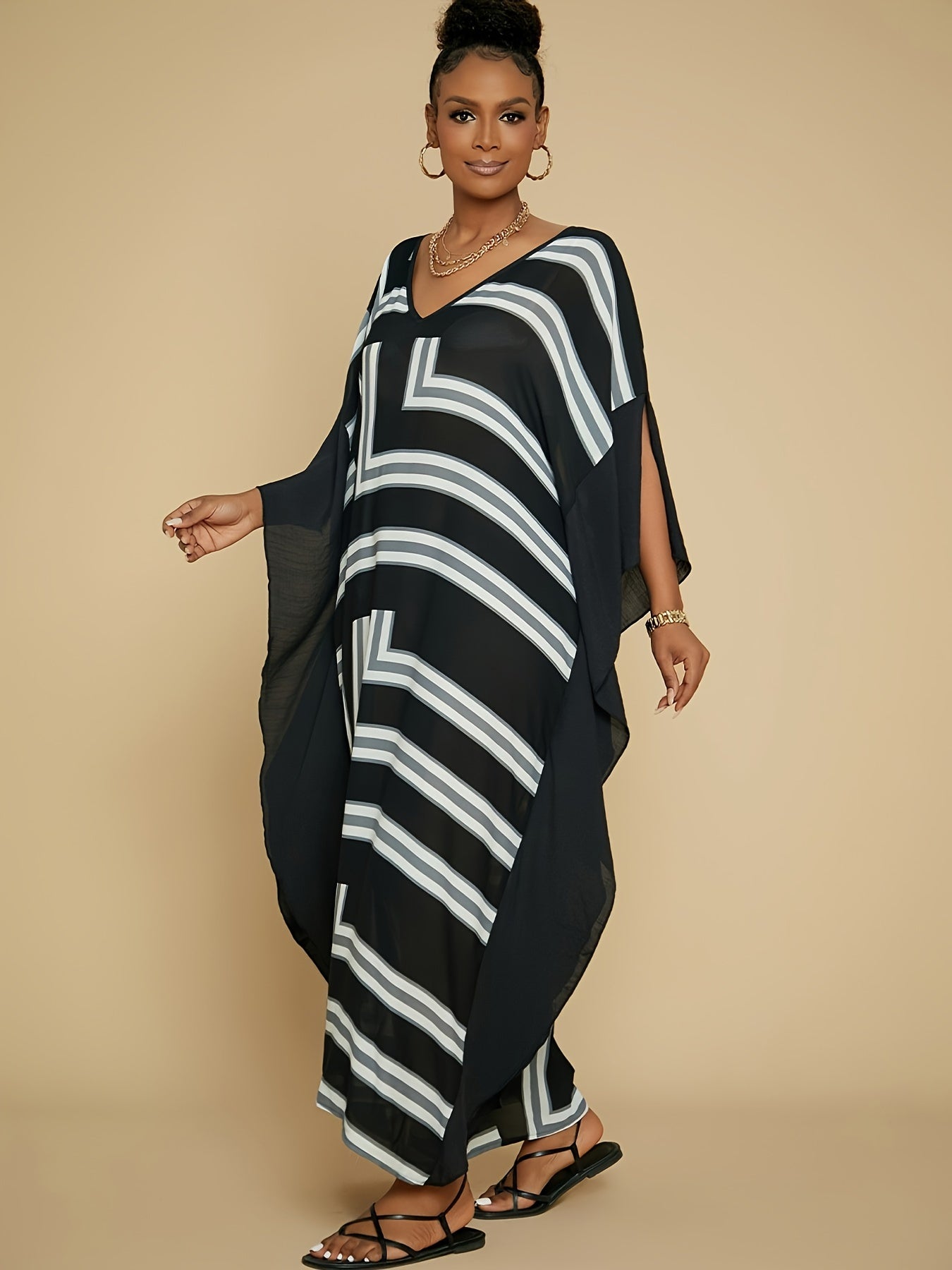 Women's Bohemian Kaftan Swimsuit Cover Up - Lightweight Geometric Print Maxi Dress for Beach & Pool, Machine Washable Summer Swimwear Cover-Up, Black, Bathing Suit Cover Up, Poolside Apparel, Soft Drape Material, Flowy Fabric