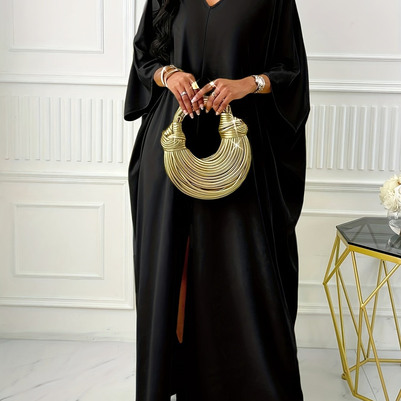Elegant Plus Size V-Neck Batwing Sleeve Turkish Kaftan Abaya Dress | 100% Polyester Machine-Washable H-Line Silhouette for All-Season Wear with Slit Hem
