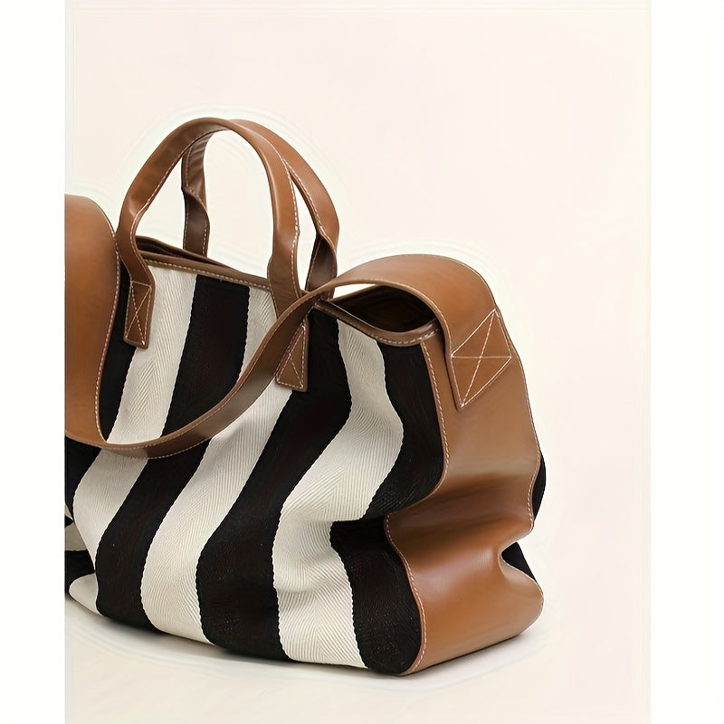 Genuine Leather & Large Capacity Striped Tote Bag for Women - 15-inch Laptop Compartment, Magnetic Closure