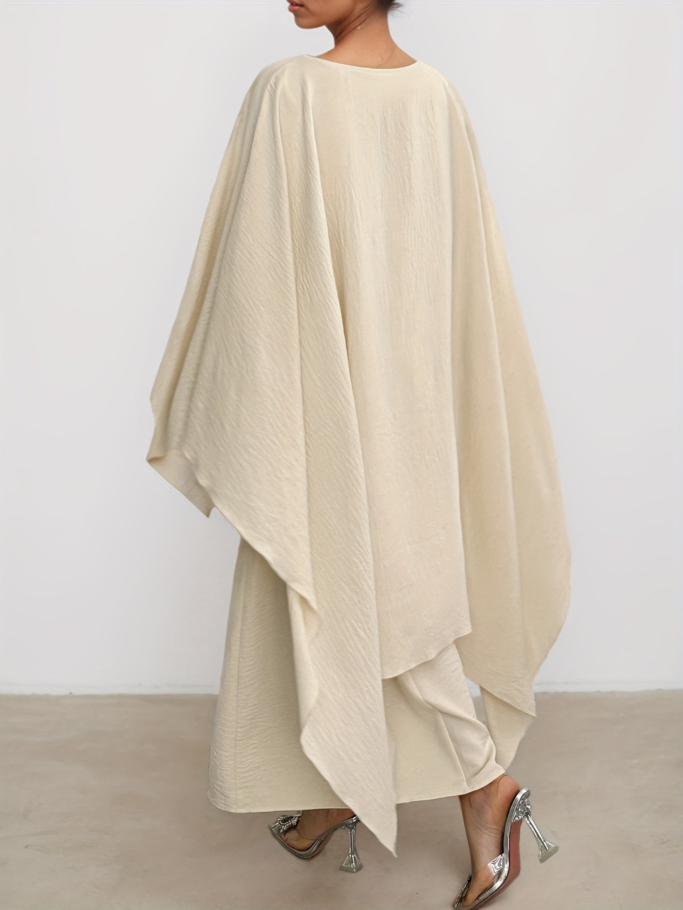 Ladies Spring And Summer New Style Solid Color Fashionable Elegant Temperament Long Sleeve Pleated Fake Two-Piece Design, Round Neck Irregular Long Women's Abaya Dress
