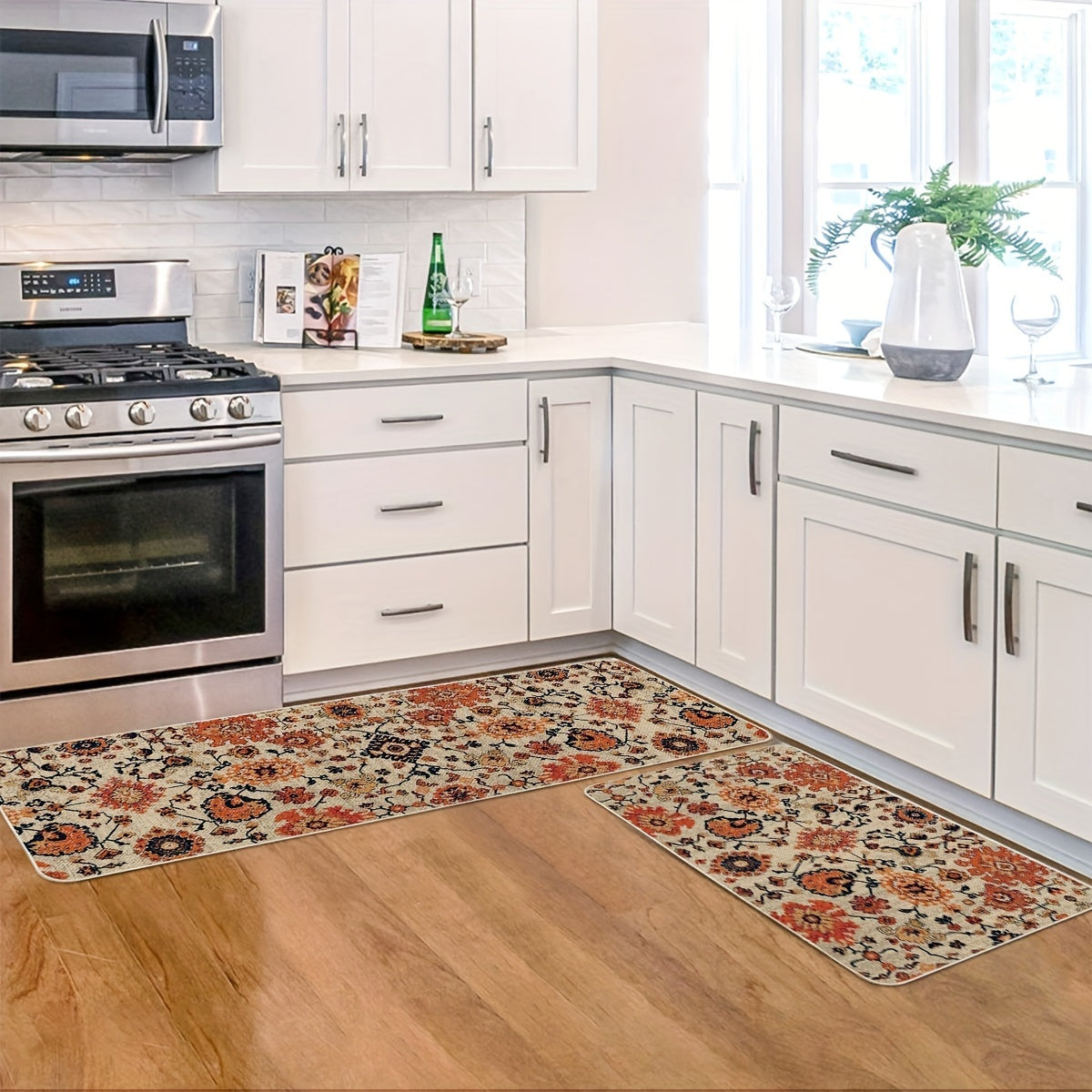 Sm:)e Flowers Bohemia Kitchen Mats Set Of 2, Daily Boho Home Decor Low-Profile Kitchen Rugs for Floor - 17x29 And 17x47 Inch