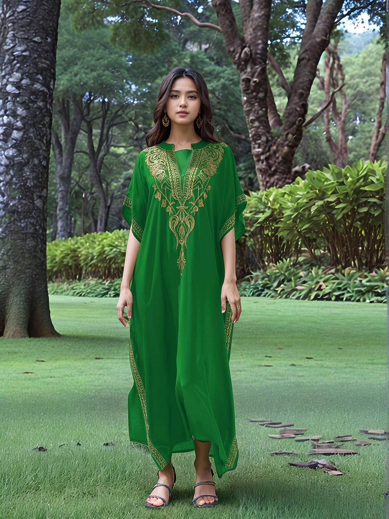 Elegant Gold Embroidered Resort Gown Kaftan Dress V-Neck Beach Blouse Kaftan