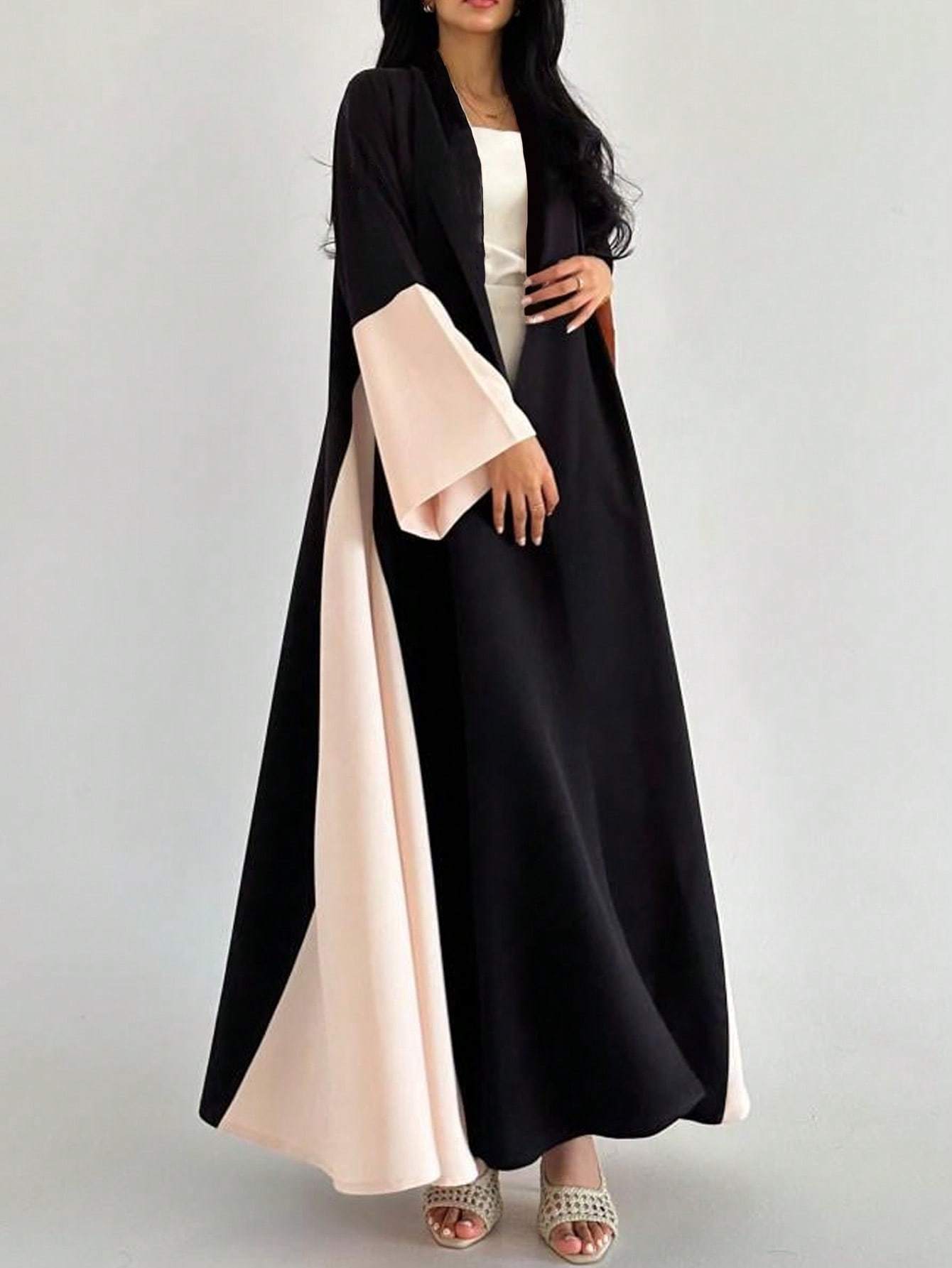 Women's Elegant Black & Beige/ Pink Two-Tone Abaya Burqa - Loose Fit Long Sleeve Maxi Dress, Non-Stretchy Islamic Gown for Everyday & Special Occasions, All-Season Muslim Formal Attire