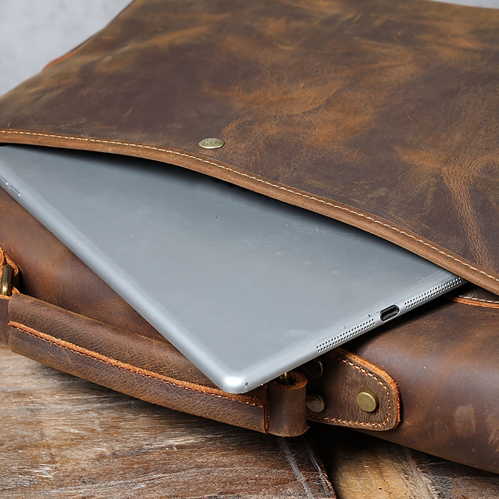 Vintage Brown Cowhide Men's Vintage Genuine Leather Messenger Bag - Adjustable Strap, Multiple Compartments, Zipper Closure, Distressed Finish, Functional Design