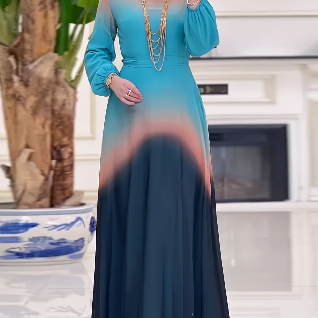 Women's Middle Eastern Muslim Baju Abaya Kaftan Dress - Teal to Orange Gradient Long Sleeve Long Dress, Machine Washable All-Season Modest Traditional Attire for Casual & Formal Occasions