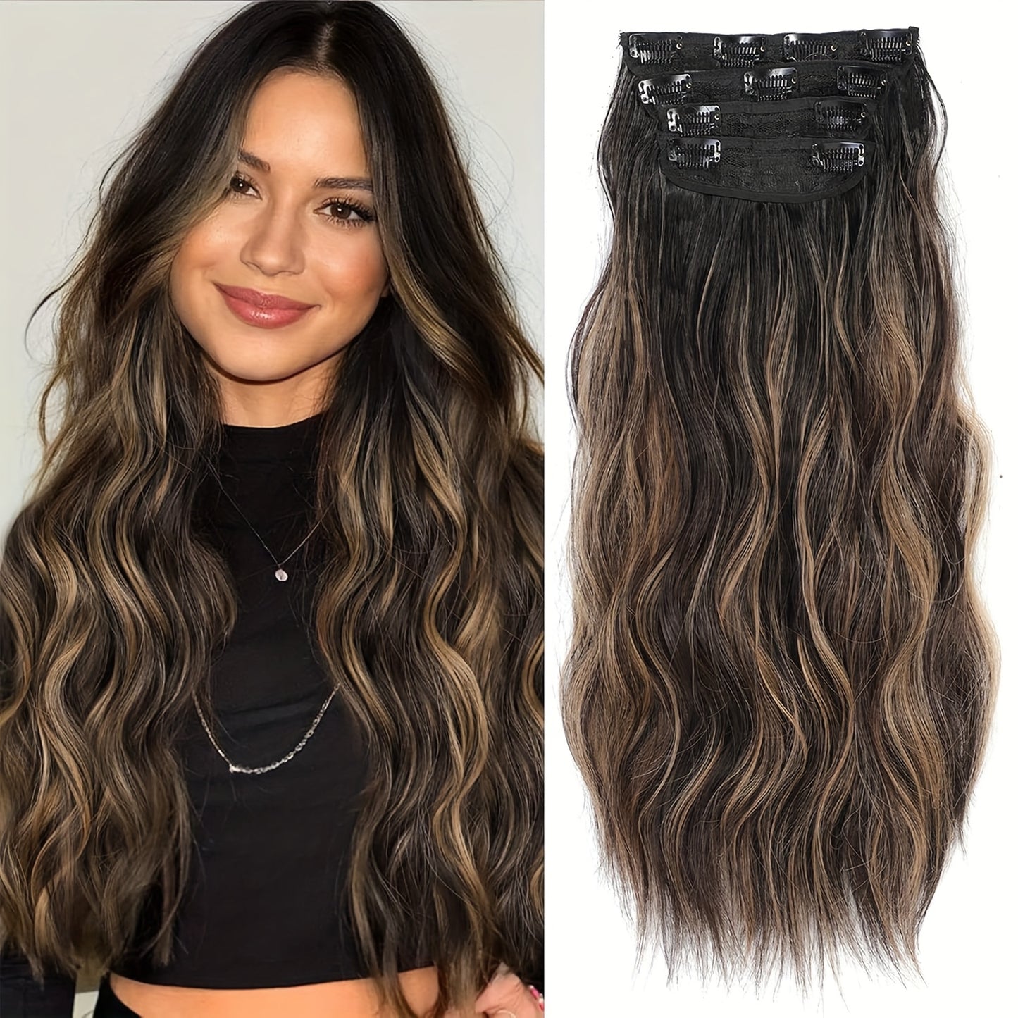 4pcs Clip In Hair Extensions, Long Wavy Synthetic Hair Extension Clip In, 20 Inches Synthetic Soft And Natural Thick Hair Pieces