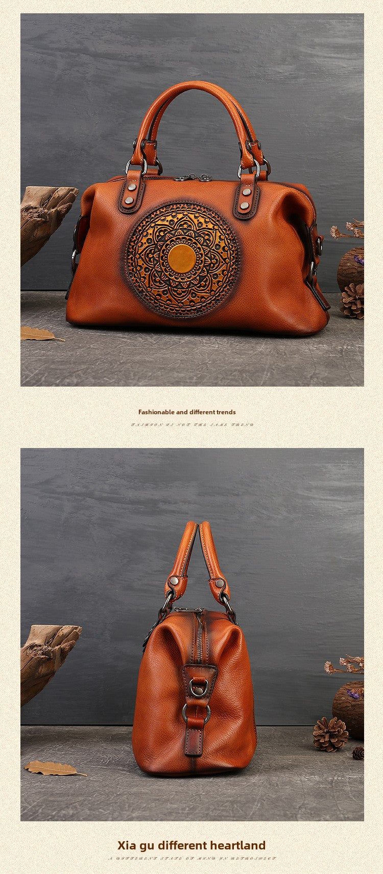Women's Genuine Leather Satchel Business Handbag - Light Brown Geometric Retro Totem Design, Large Capacity Convertible Shoulder/Handbag with Adjustable Strap