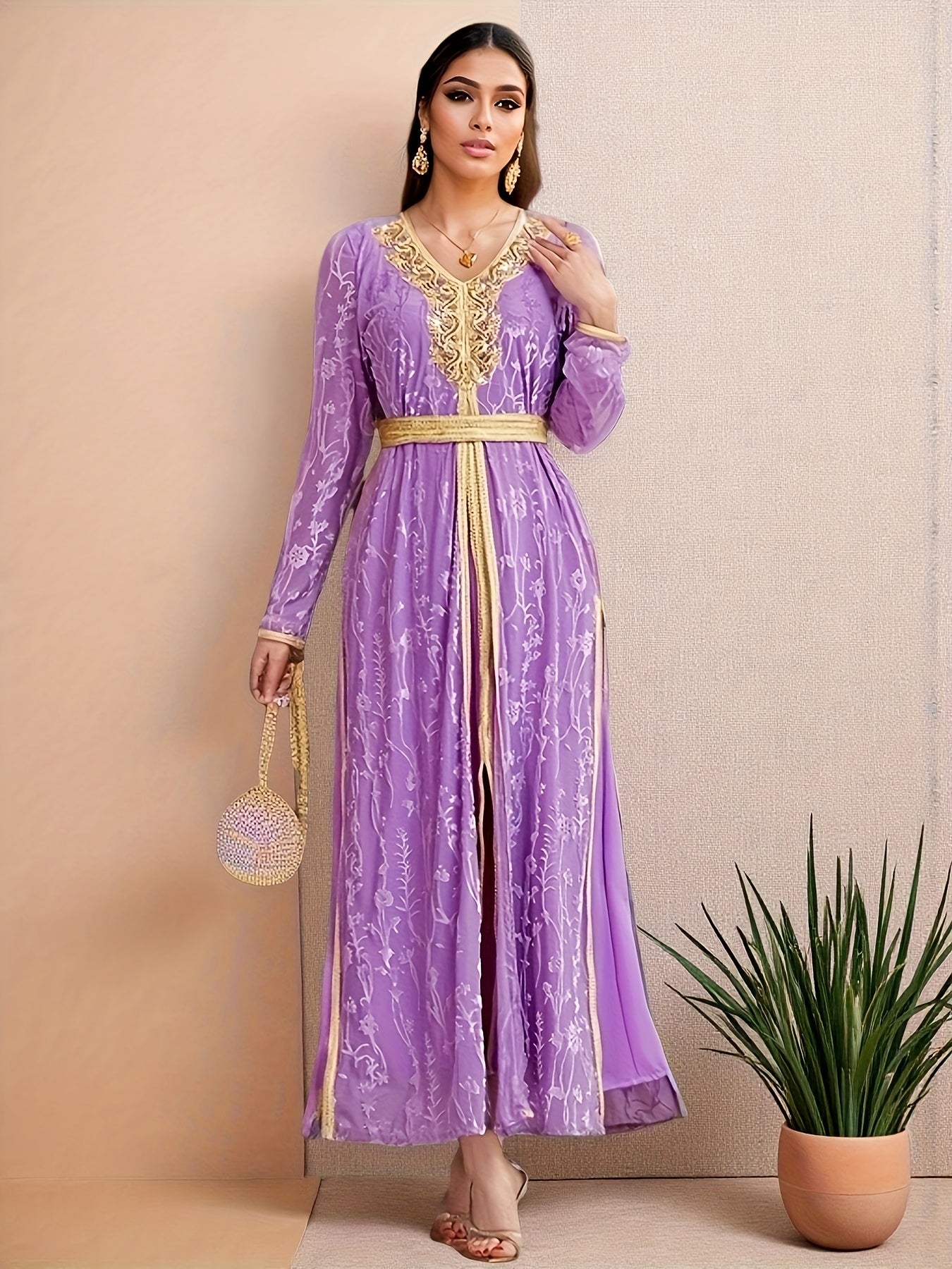 Women's Middle Eastern-Inspired Casual Abaya Dress - Lavender Sleeve with Lace Trim & Golden Belt, 100% Polyester Lightweight Spring/Summer Dress, Elegant Hand Wash Only Solid Color Dress