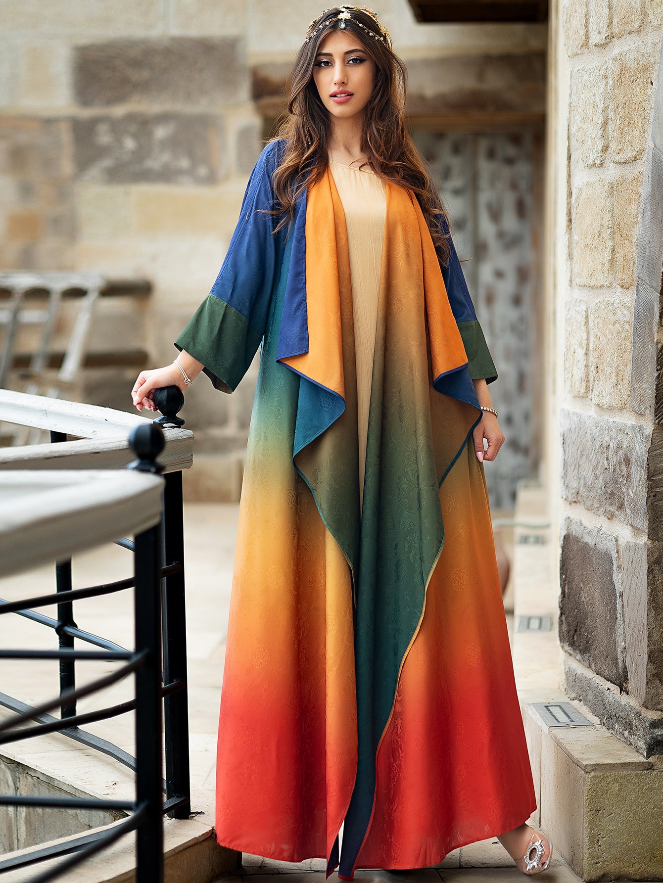 Elegant Turkish Kaftan Abaya - Sparkling Rhinestone Arabian Gown with Long Sleeves, Floor-Length Hand Wash Only Traditional Party Wear for Women, Cultural Attire, No Stretch Fabric