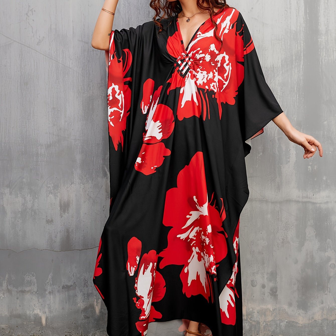 Women's Long Beach Cover Up With Floral Print Kaftan Deep V-neck Casual Vacation Bikini Swimsuit Cover Up