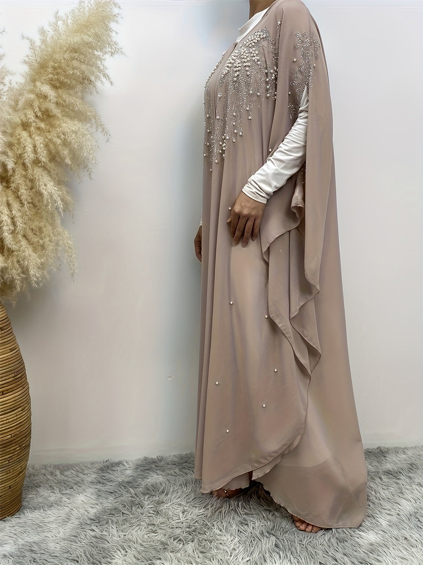 Luxury Chiffon Rhinestone-Embellished Hooded Muslim Kimono Abaya with Batwing Sleeves - Long Formal Party Gown, Machine Washable Elegant Modest Evening Dress for Spring/Summer