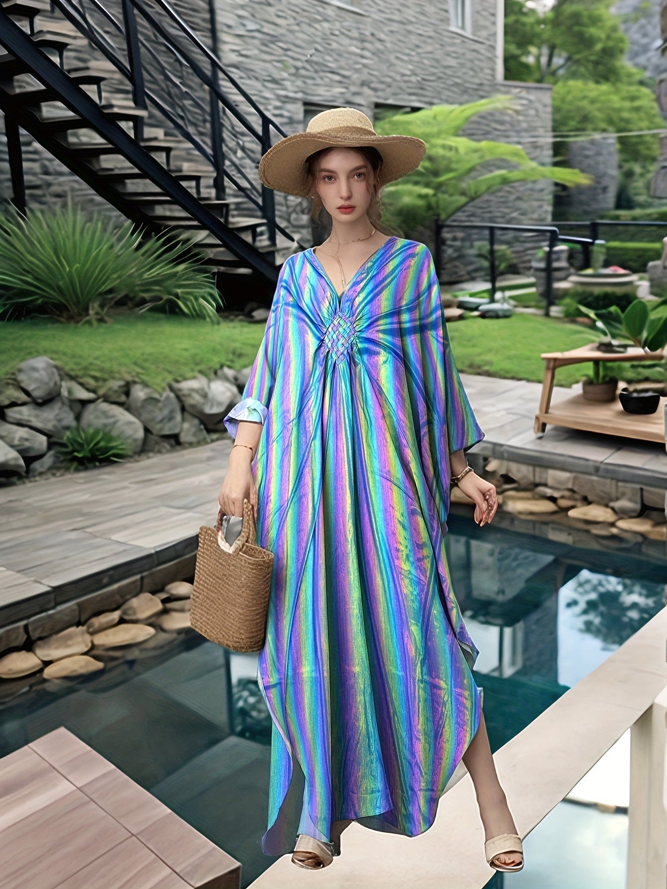 Kaftan Dresses For Women Sparkly Glitter Batwing Sleeve Kaftan Cover Up Beach Maxi Dress Loungewear