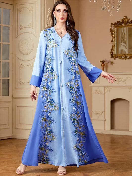 Muslim Women's Elegant Abaya Kebaya - Long Formal & Everyday Islamic Dress with Beaded Neckline, Non-Stretchy Long Sleeve Maxi, for Ramadan, Weddings, Hajj - Modest Wedding Guest Gown, Muslim Dress, Religious Event Attie