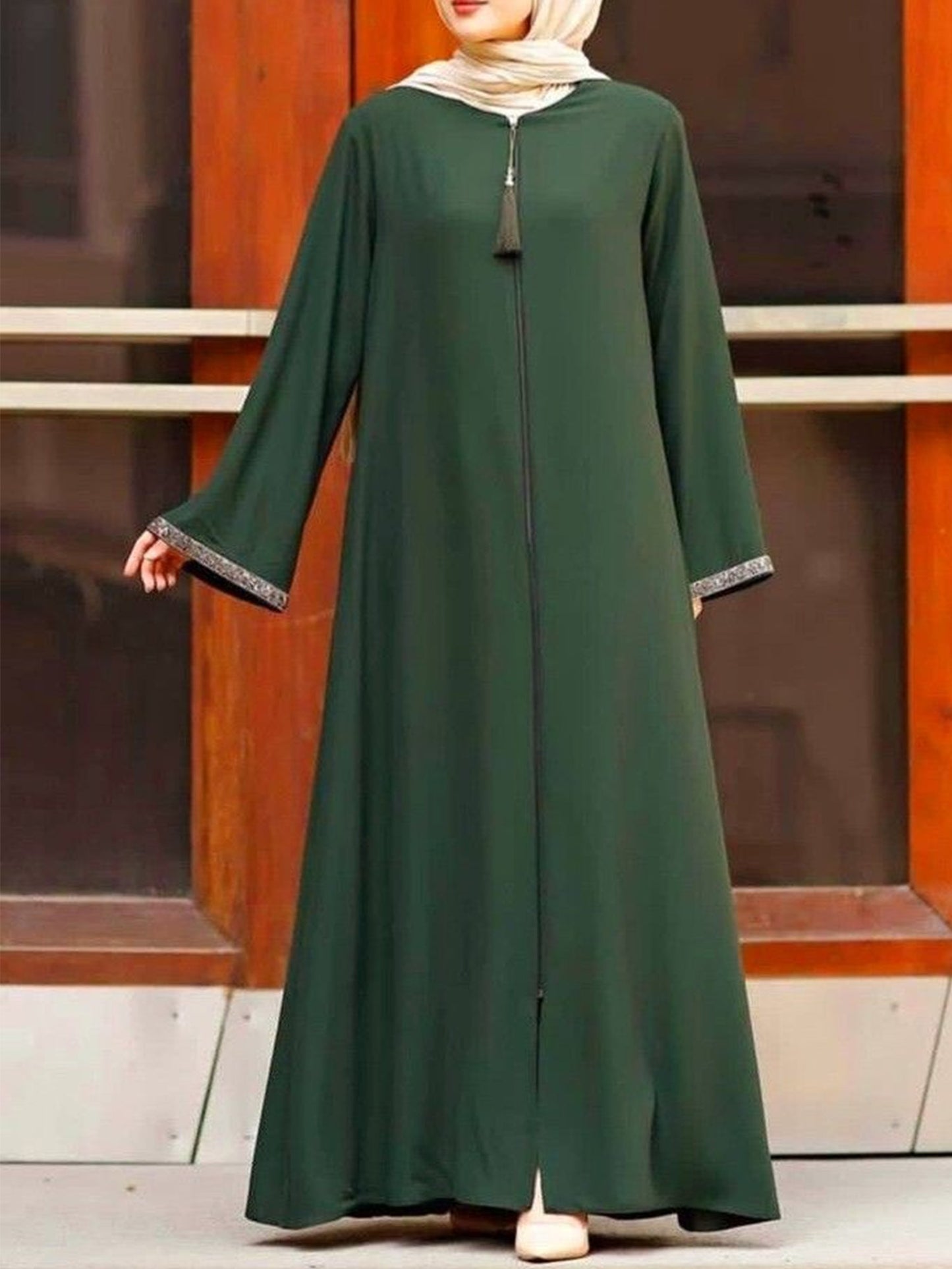 Elegant Long Skirt Long Sleeve V-Neck Long Sleeve Tassel Zip Dress