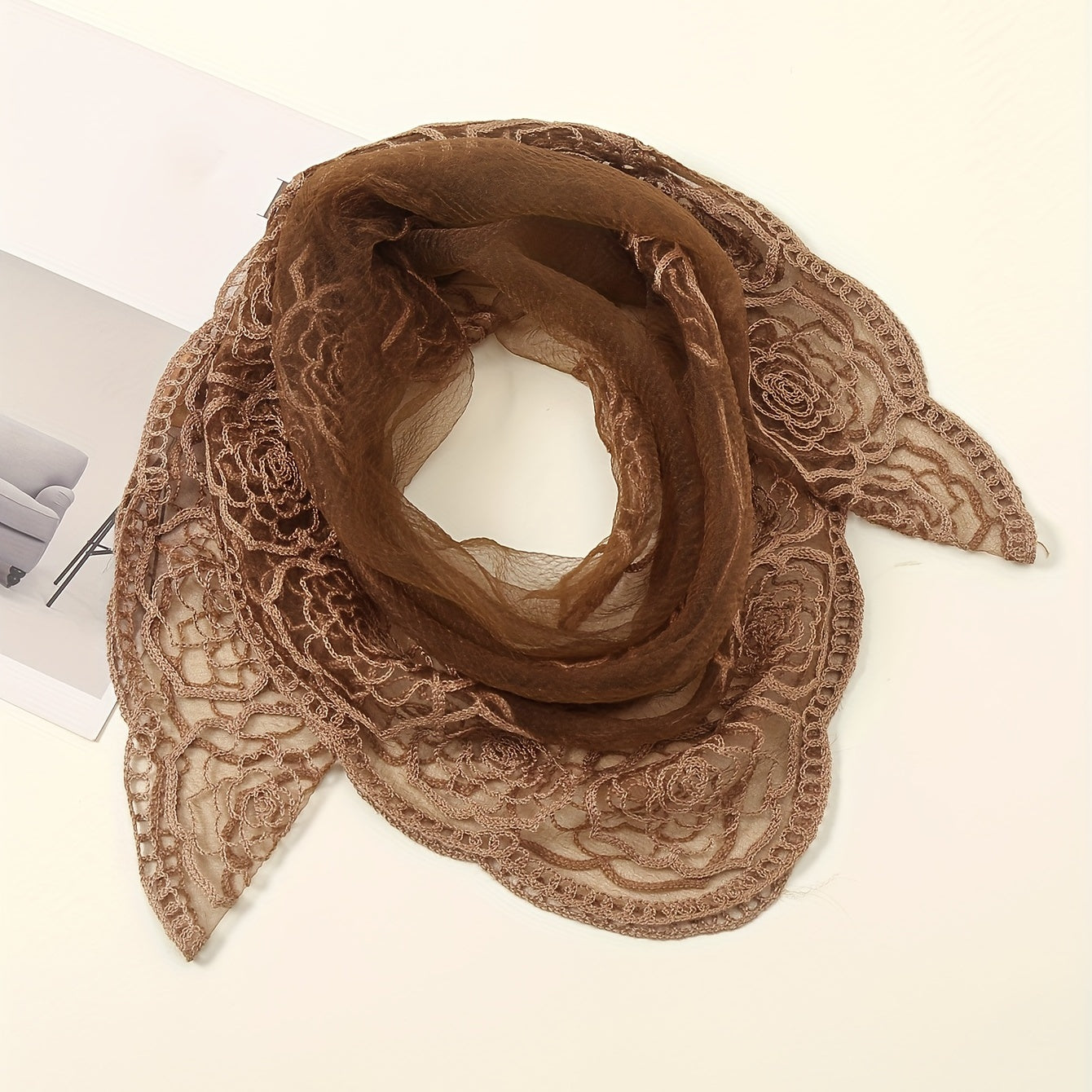 Thin Gauze Paisley Embroidery Elegant Square Scarf | Casual Rusty Brown Head Wrap