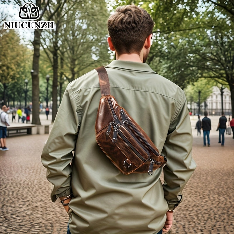 Men's Genuine Leather Sling Bag Crossbody - Lightweight Minimalist design with Multiple Zippered Compartments - Everyday Essentials Organizer for Phone, Wallet, Keys