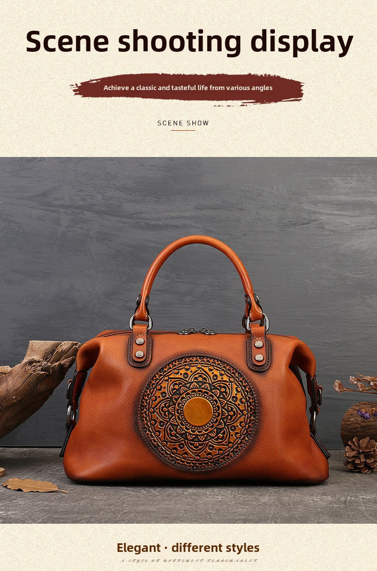 Women's Genuine Leather Satchel Business Handbag - Light Brown Geometric Retro Totem Design, Large Capacity Convertible Shoulder/Handbag with Adjustable Strap