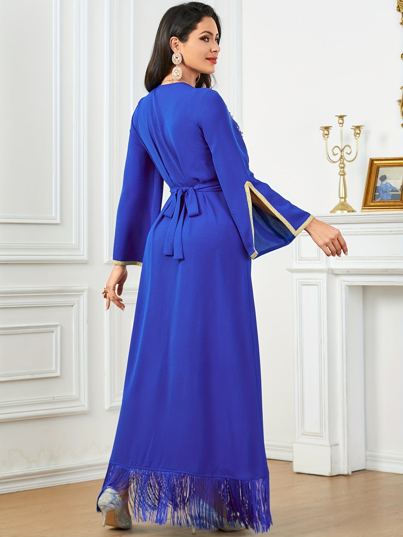 Women's Embroidered Long Sleeve Modern Abaya, 100% Polyester, Solid Color, Non-Stretch Woven Fabric, 155g/m² Weight, 90g/m² Lining, All-Season Fashion with Belt Detail